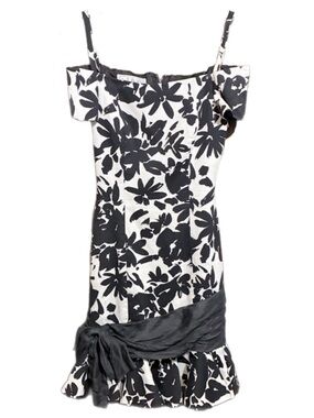 Vintage AJ BARI Cocktail Sheath Dress Ruffle & Bow Black/White Cotton/Silk Sz 4